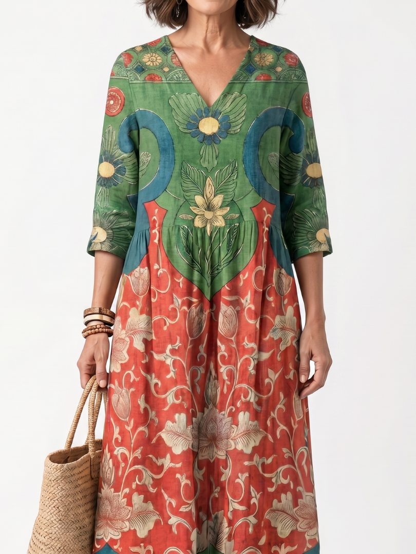 VELTASSINO | Midi-Kleid „Amélie“ mit Blumenmuster und geraffter Taille