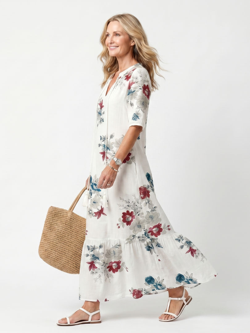 VELTASSINO | Midi-Kleid Élina mit Blumenmuster und Pompons
