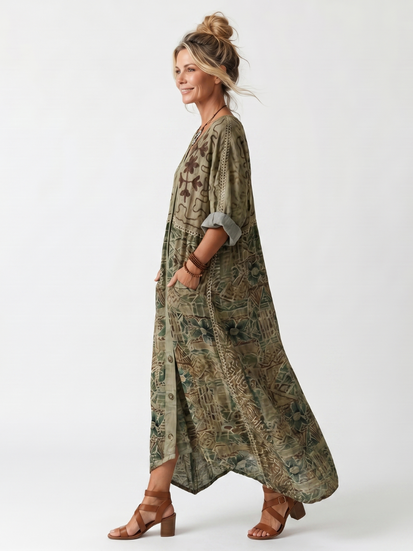 VELTASSINO | Besticktes Midi-Kleid Monique mit Knopfleiste