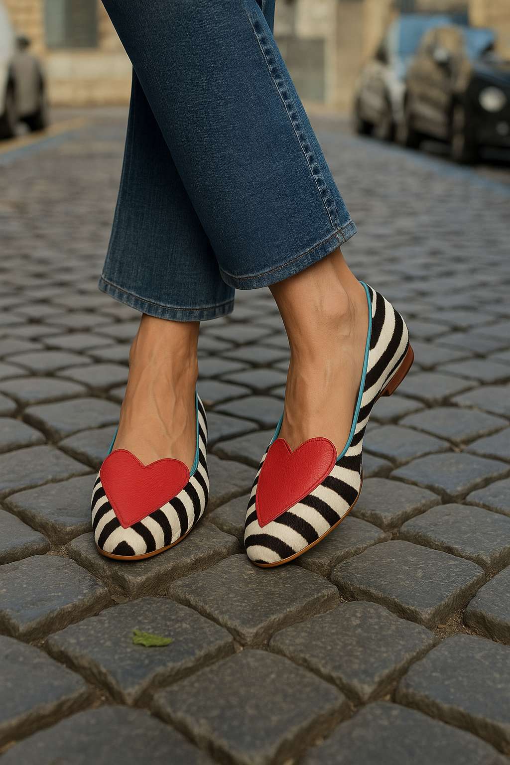 Rote Ballerinas mit Zebra-Print, spitz und mit Herz