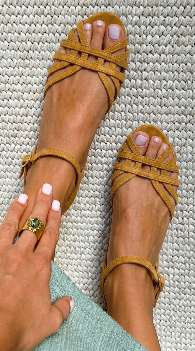 Vintage-Sandalen aus karamellfarbenem Wildleder mit mehreren Riemen und Knöchelriemen von VELTASSINO